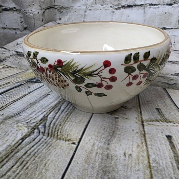 Home Holiday Pine Cone Bowl Red Green Brown on Cream 5.5" - Picture 3 of 6